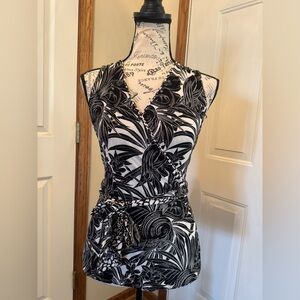 White House Black/Market Black and White One-Shoulder Wrap Tank Reversible w/tie